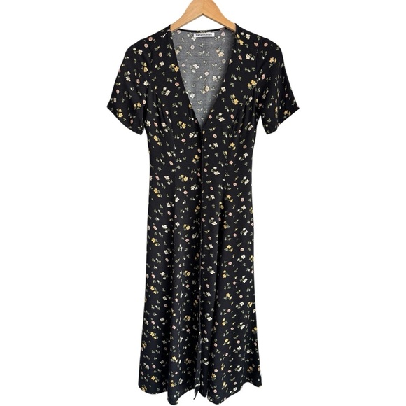 REFORMATION Locklin Midi Dress in Venezia Black Floral Crepe Short Sleeve XS 0 - Picture 5 of 11